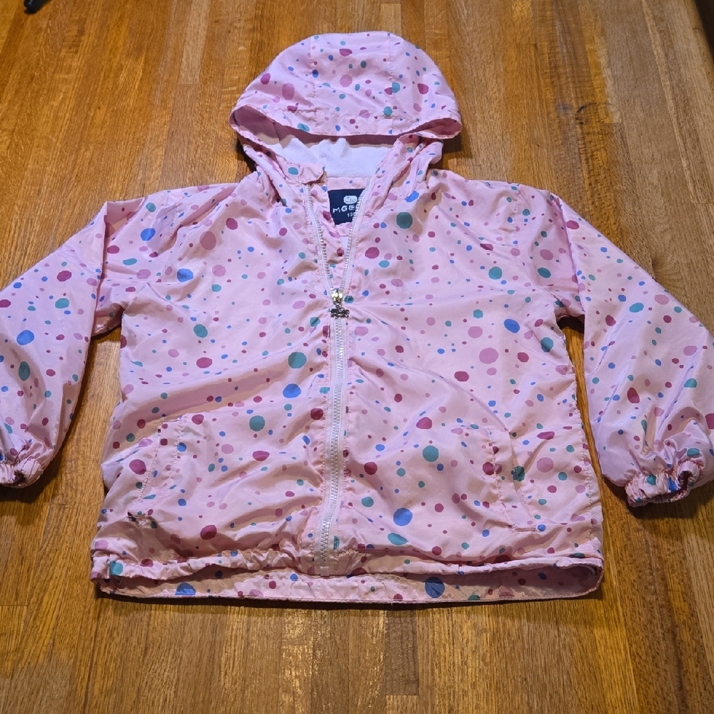 MGEOY Girls 130 (6/7) Pink Polka Dot Zip Hooded Drawstring Waist Pocket Raincoat